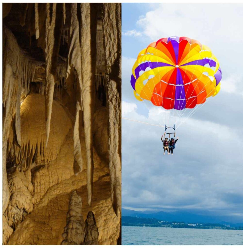 Cave formations and colorful parasailing